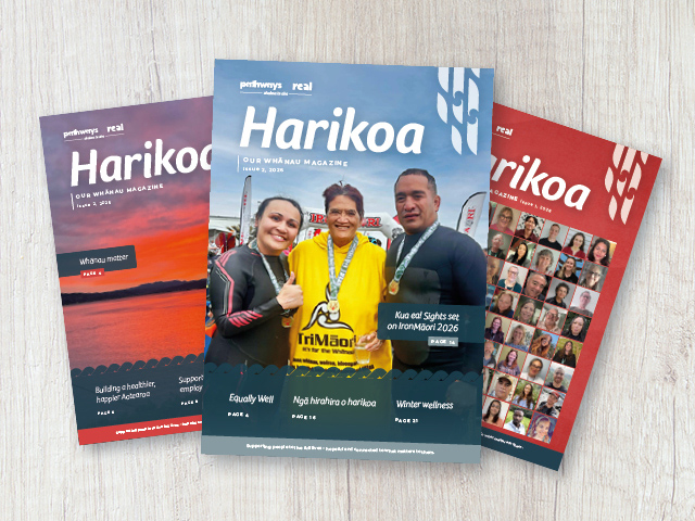 The cover of our latest Harikoa magazine showing three kaimahi with their medals at the end of IronMāori 2025